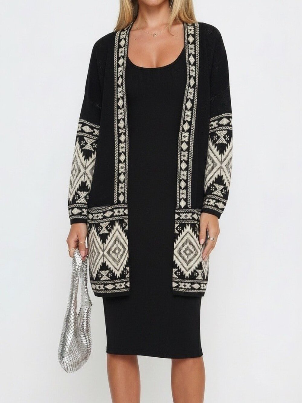 Vertigo Paris Embellished Black & White Long Cardigan Coatigan Duster Small